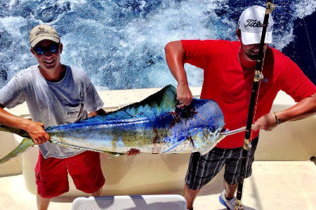 Two men hold a mahi on summer charter fishing trip.