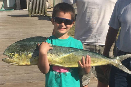 Young boy with arms full of big mahi on family fishing charter.